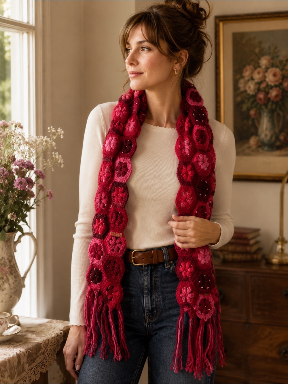 Crochet Hexagon Scarf Red Pink Fringe Boho